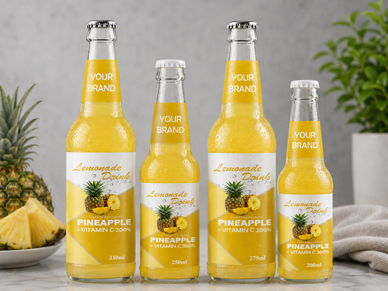 LEMONADE DRINK Pineapple flavored drink available in 330ml, 250ml, 275ml, and 200ml glass bottles.